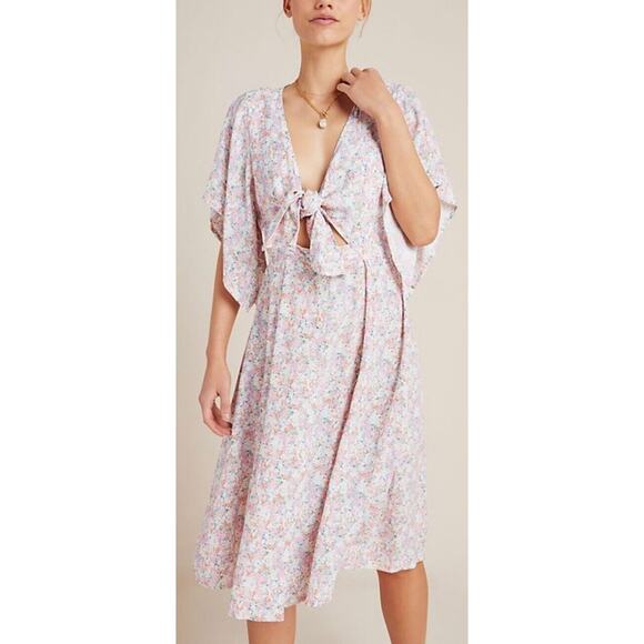 Faithfull The Brand Vionette Midi Dress Womens 4 Floral Tie Front Flutter Sleeve - Picture 1 of 16
